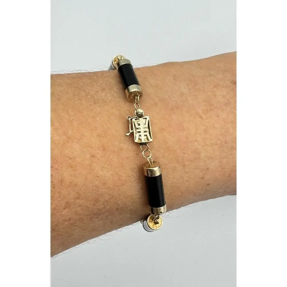 Heng Ngai HN 14k Gold‎ Onyx Cylinder Link Box Clasp Bracelet Estate Jewelry